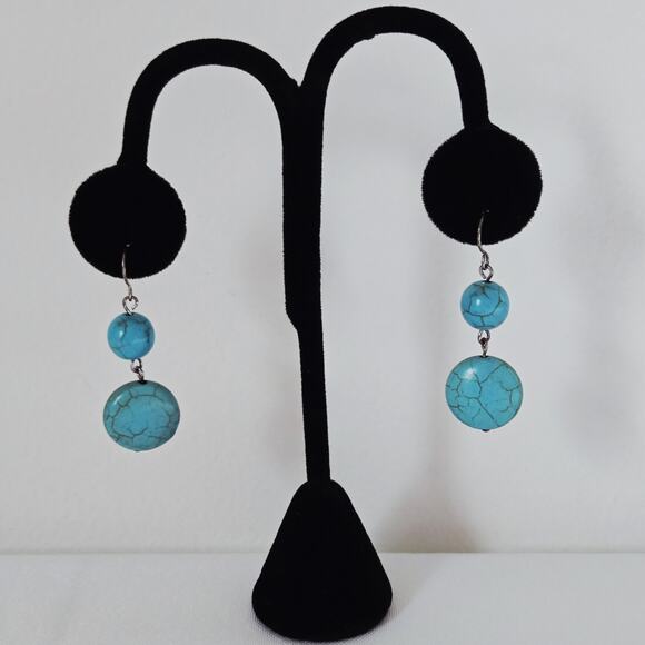 Faux Turquoise Earrings Dangle Drop Pierced Blue Beaded Casual Southwestern Boho - Picture 2 of 8